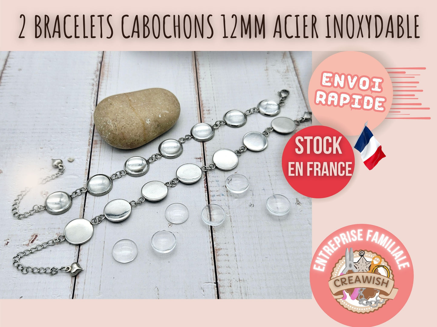 2 bracelets 7 plateaux cabochon 12mm acier inoxydable