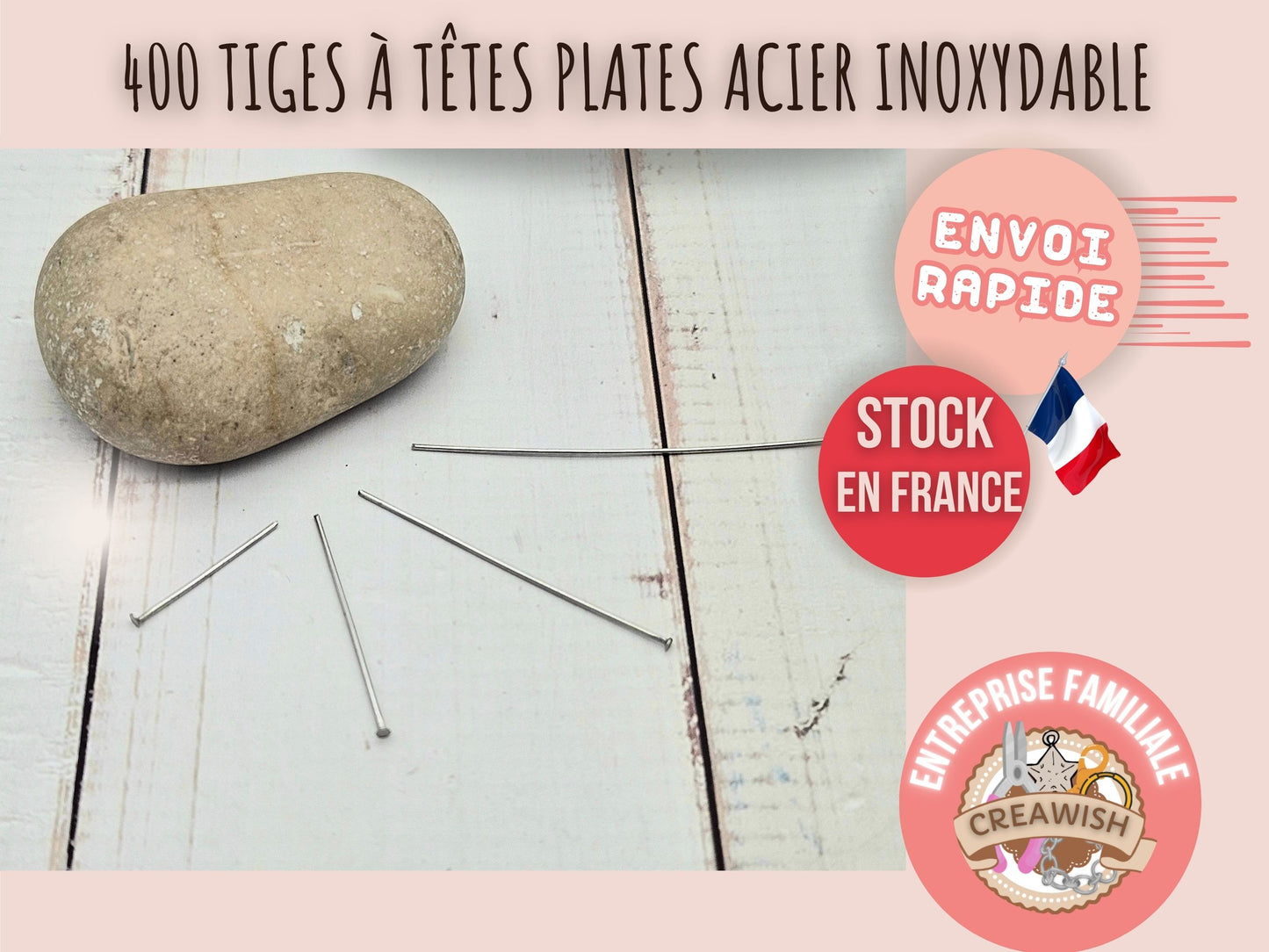 400 tiges à têtes plates acier inoxydable - 4 tailles différentes