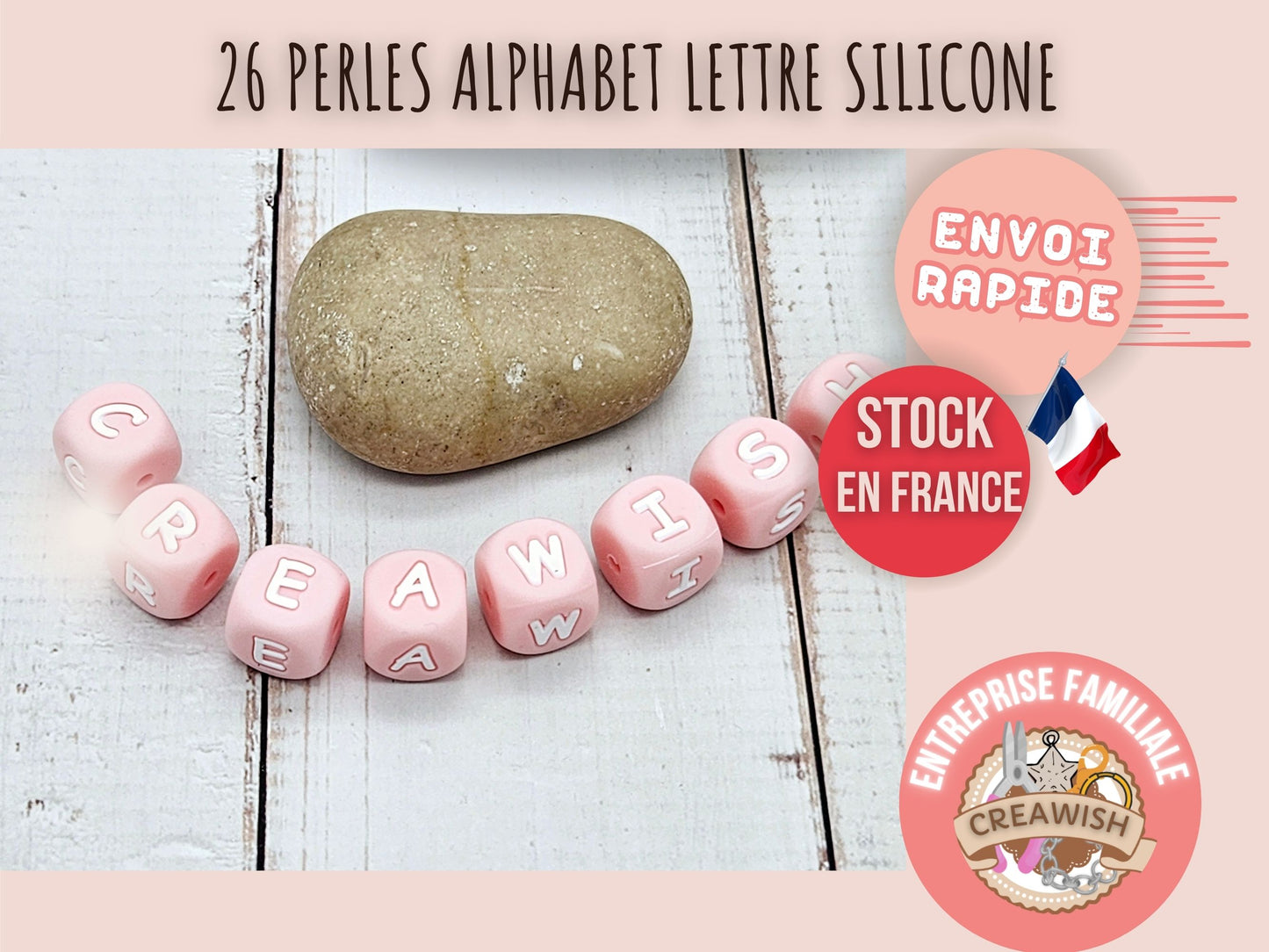 26 perles alphabet lettres silicone rose pastel