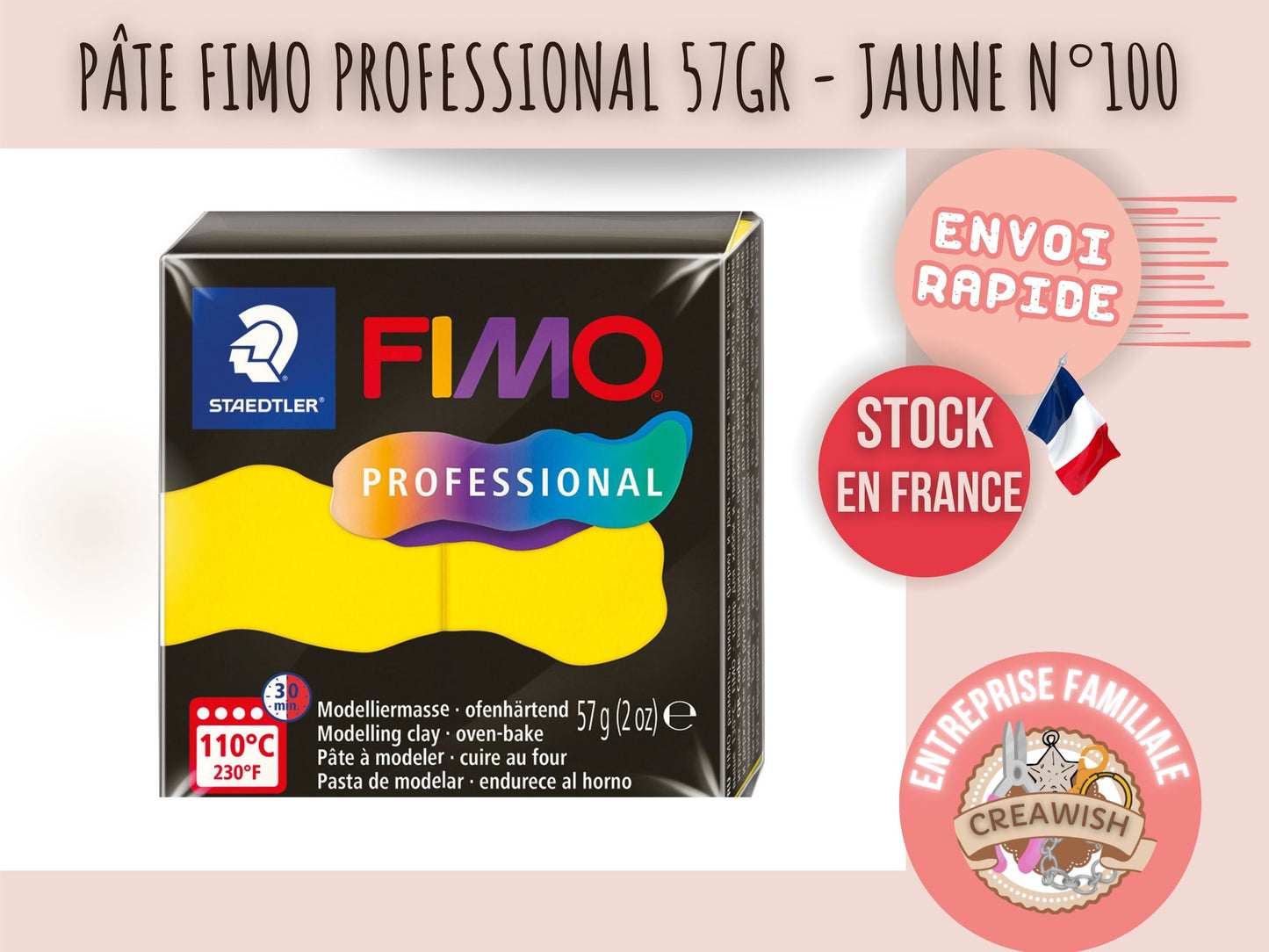 Pâte Fimo Professional 57g – Jaune n°100