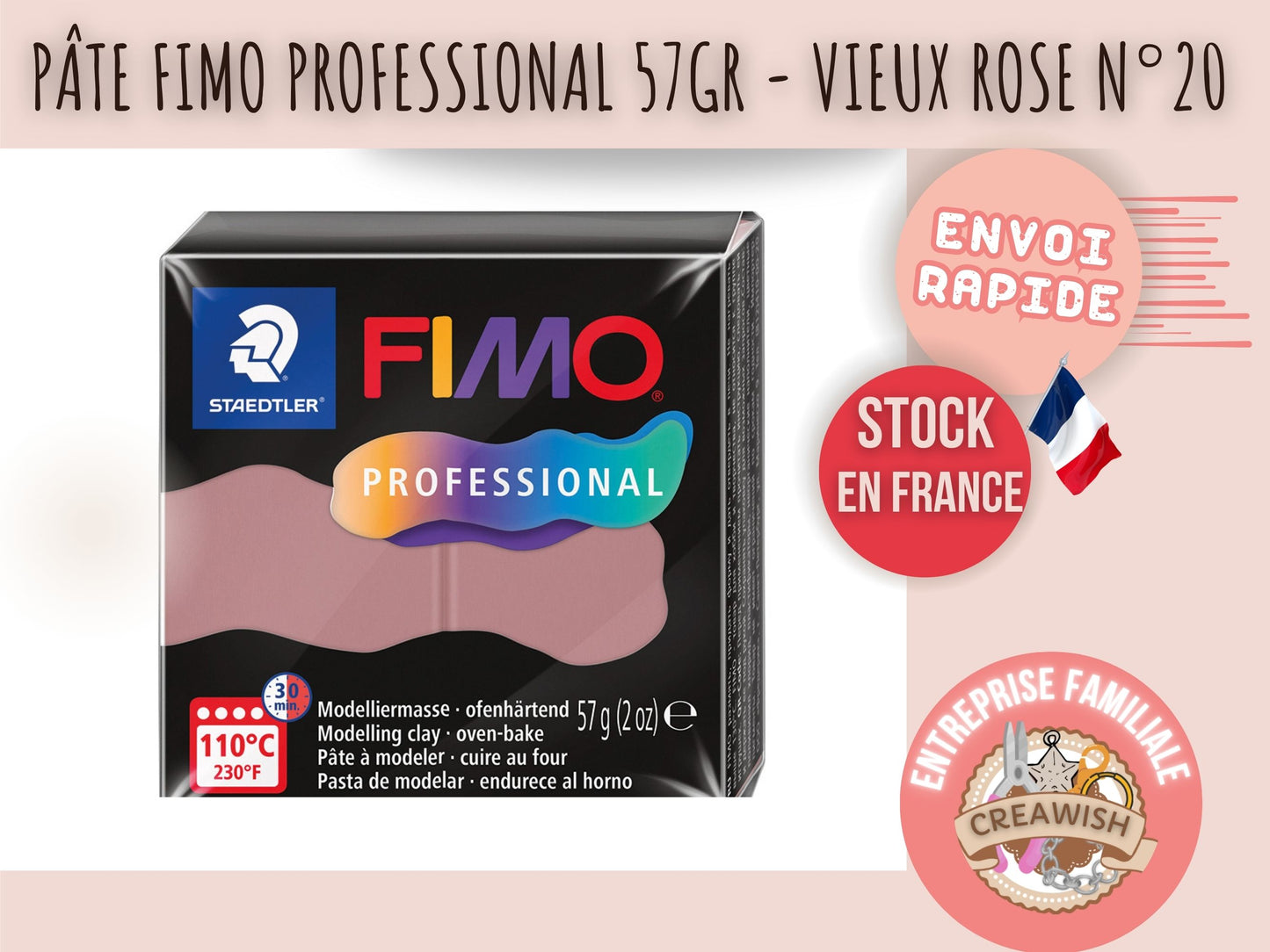 Pâte Fimo Professional 57g – Vieux rose n°20