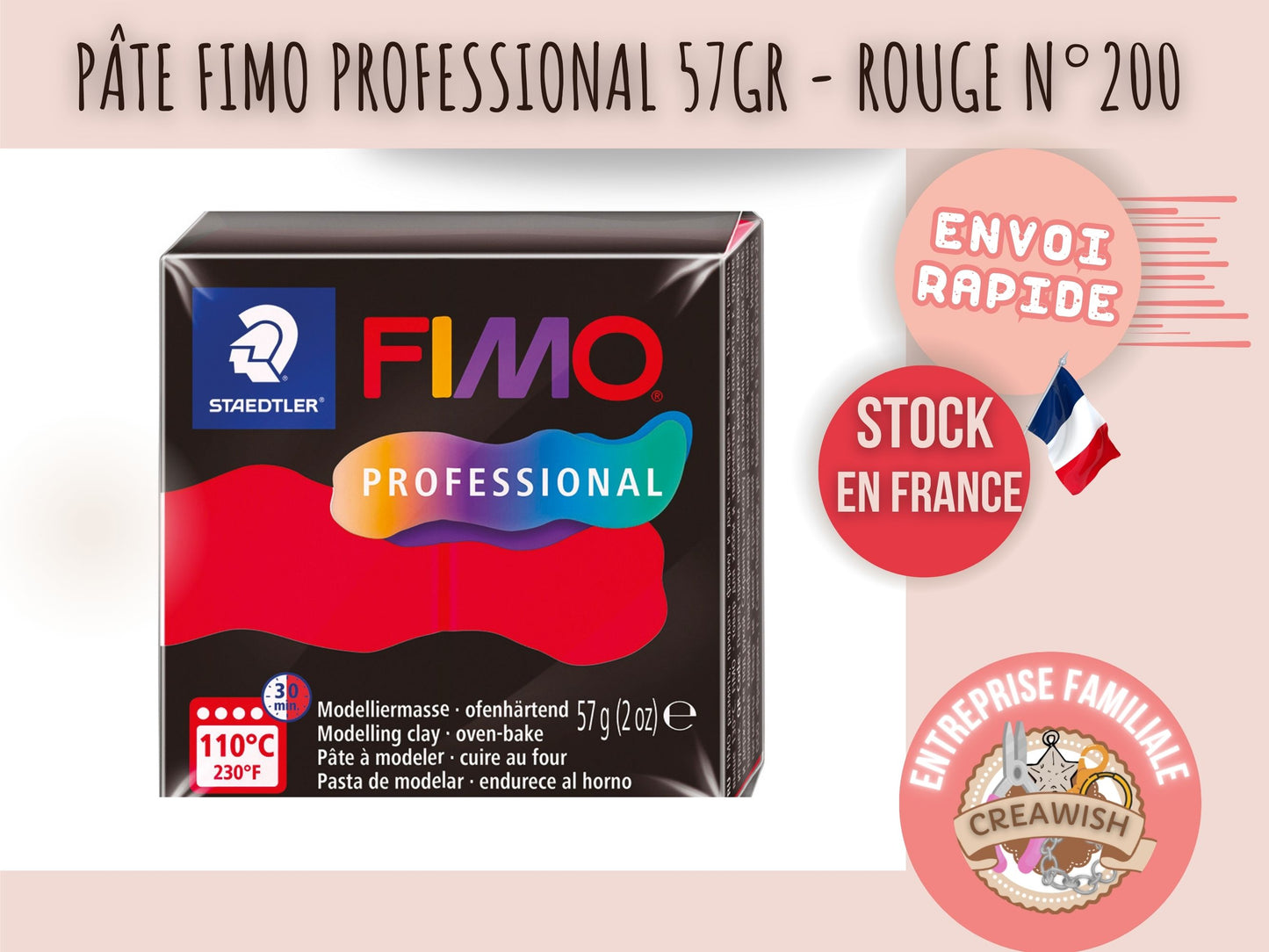Pâte Fimo Professional 57g – Rouge n°200
