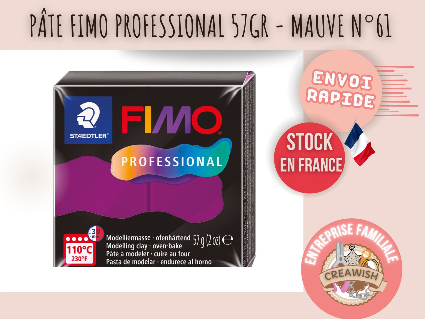 Pâte Fimo Professional 57g – Mauve n°61