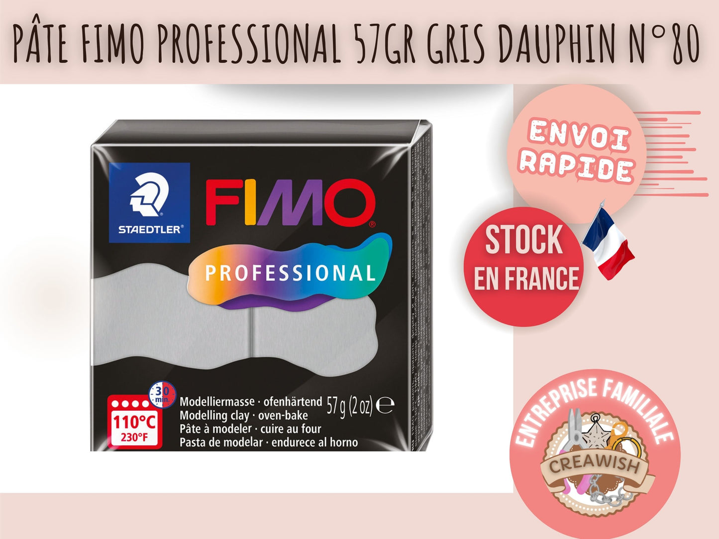 Pâte Fimo Professional 57g – Gris dauphin n°80