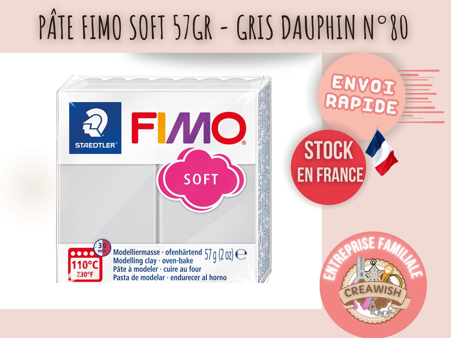 Pâte Fimo Soft 57g – Gris dauphin n°80