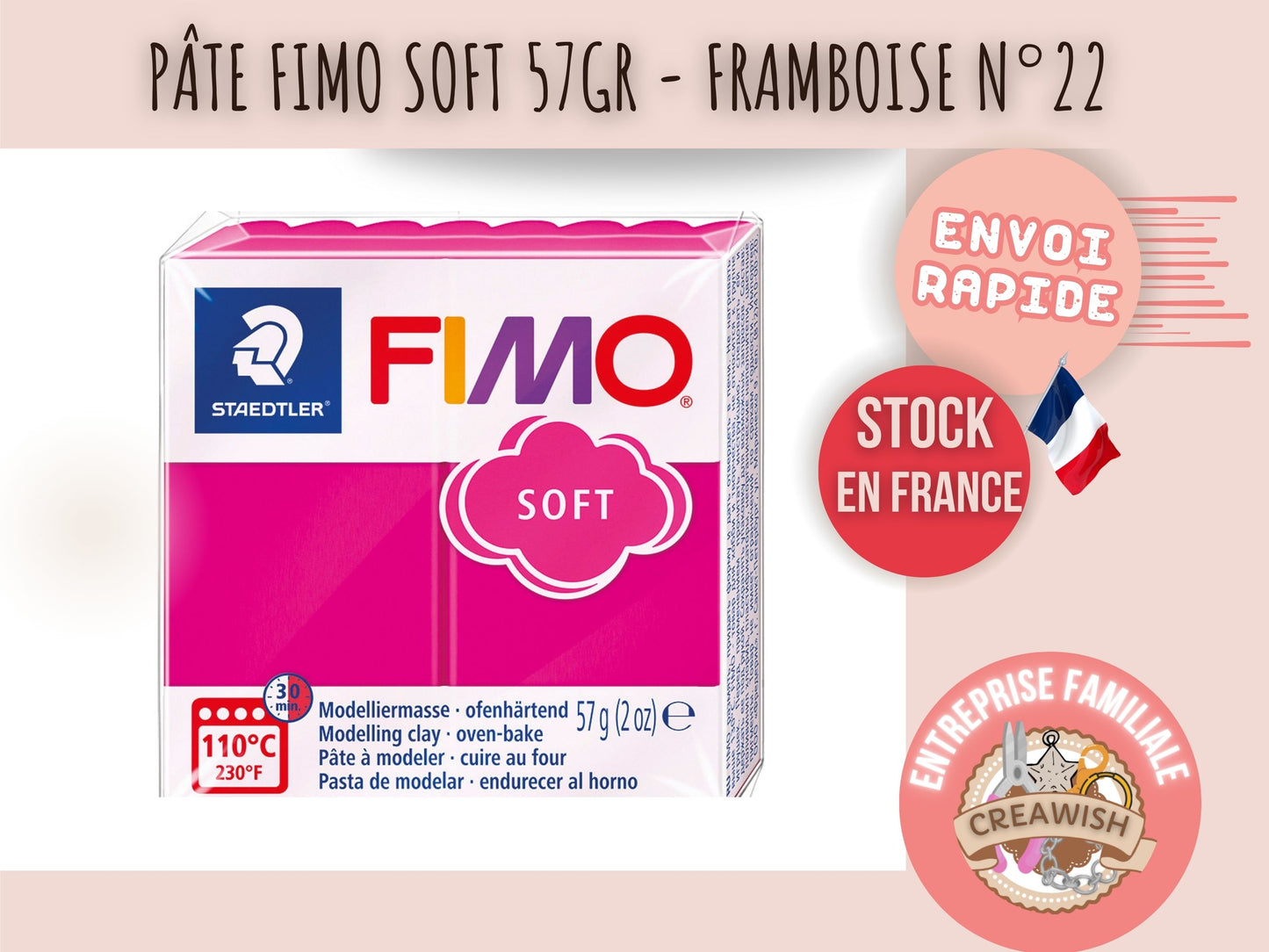 Pâte Fimo Soft 57g – Framboise n°22