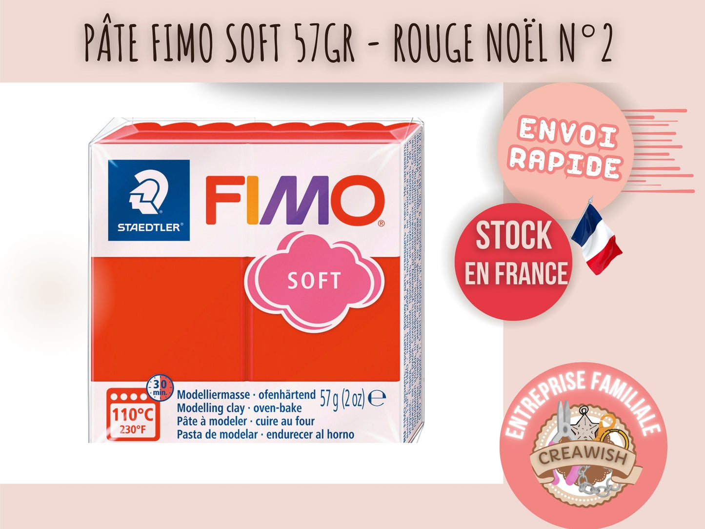 Pâte Fimo Soft 57g – Rouge Noël n°2
