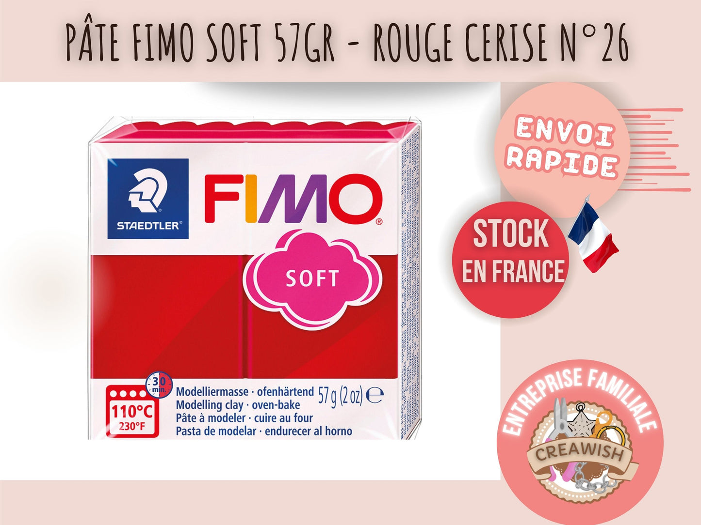 Pâte Fimo Soft 57g – Rouge cerise n°26