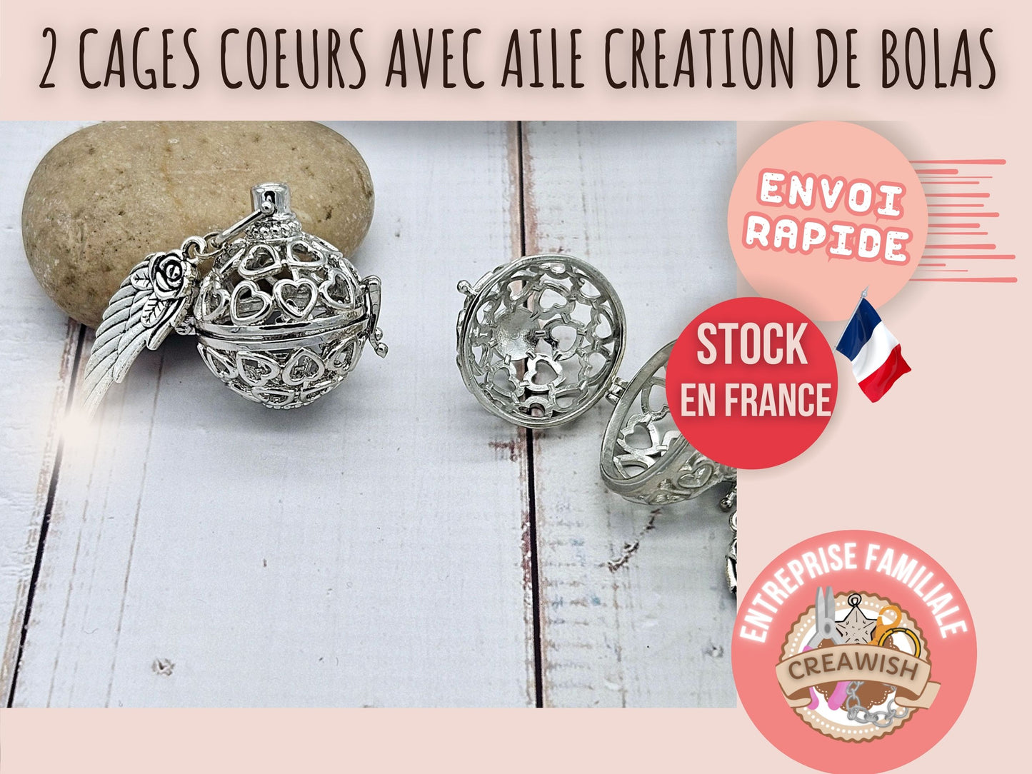 2 cages coeurs avec breloque aile pour création bolas de grosesse
