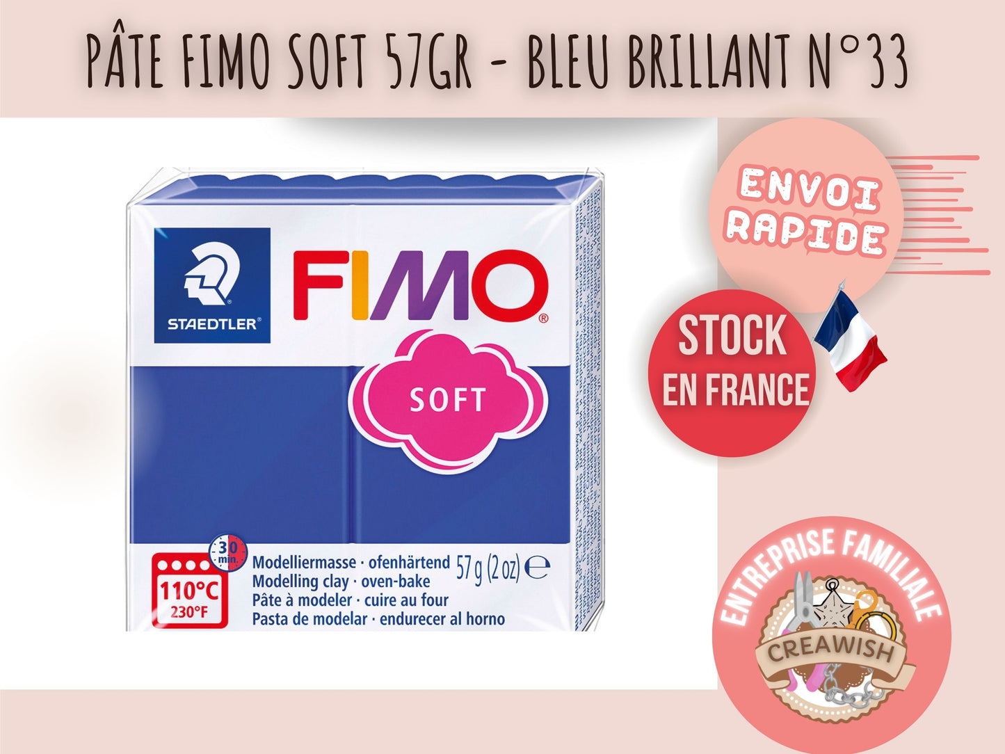 Pâte Fimo Soft 57g – Bleu brillant n°33