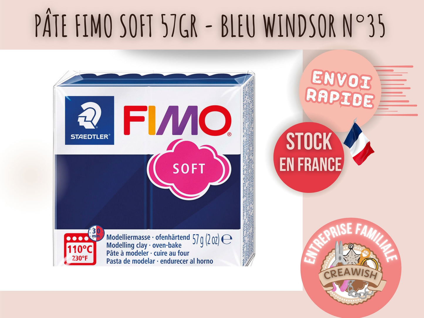 Pâte Fimo Soft 57g – Bleu windsor n°35