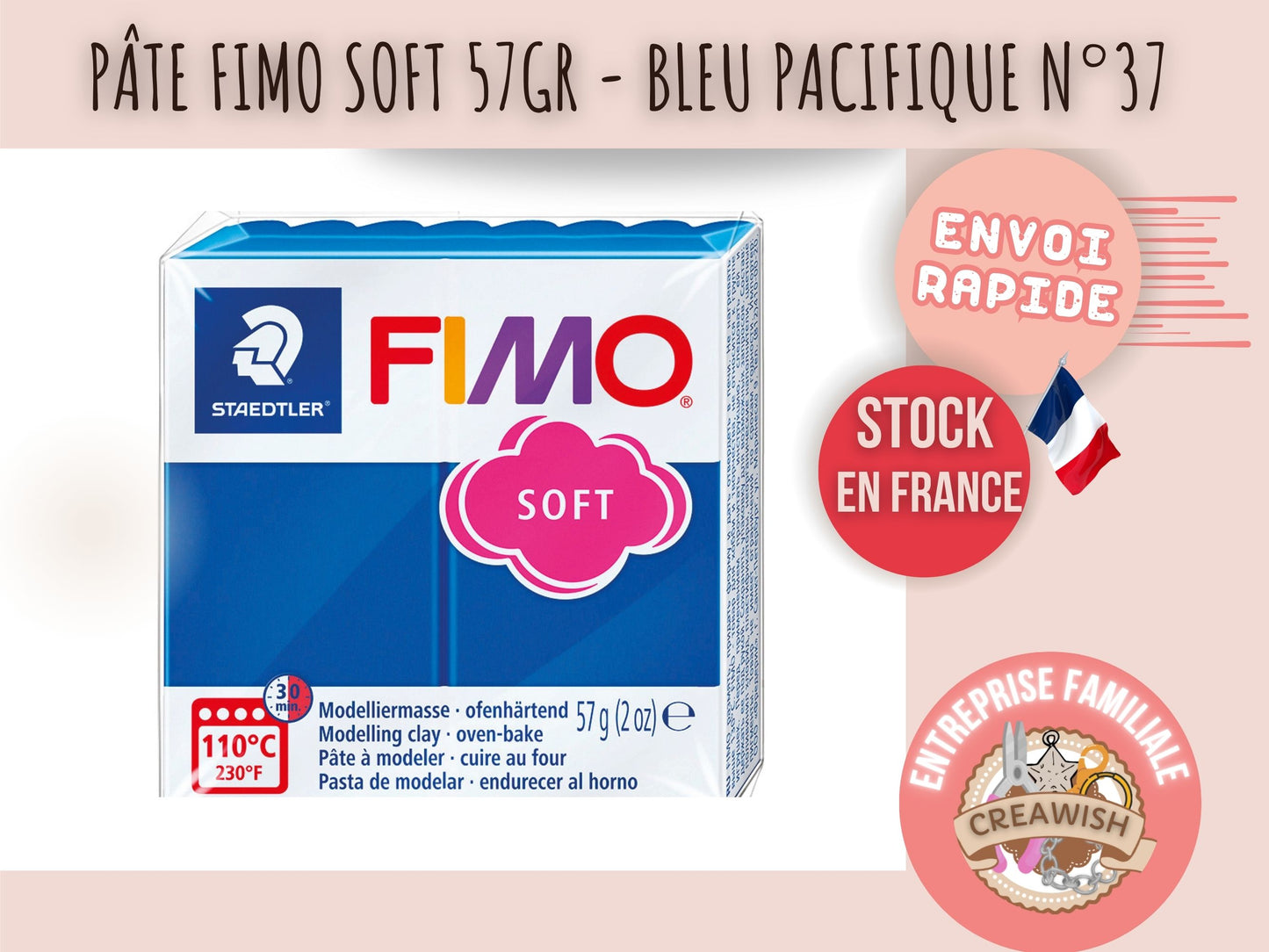 Pâte Fimo Soft 57g – Bleu pacifique n°37