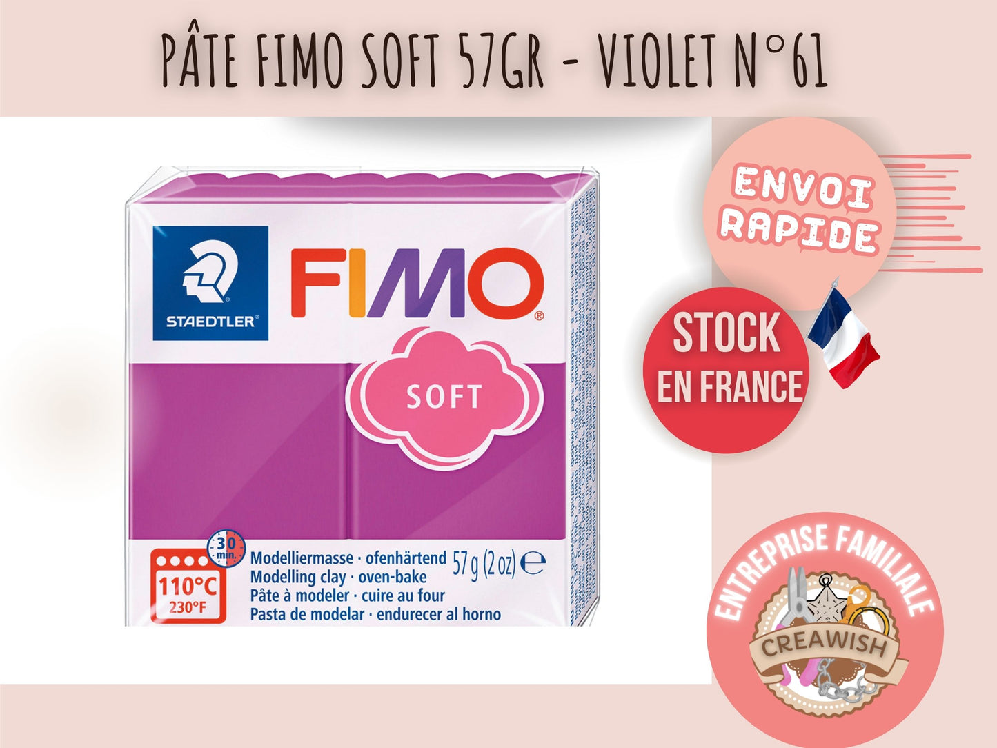Pâte Fimo Soft 57g – Violet n°61