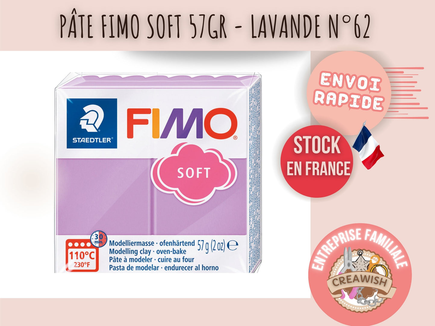Pâte Fimo Soft 57g – Lavande n°62