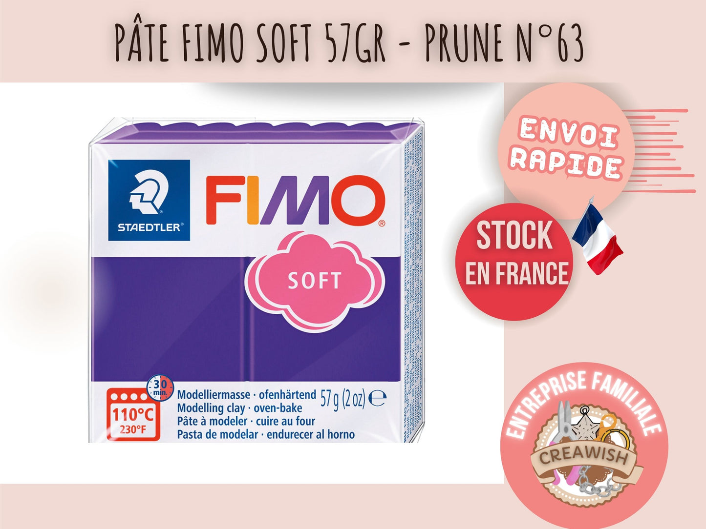 Pâte Fimo Soft 57g – Prune n°63