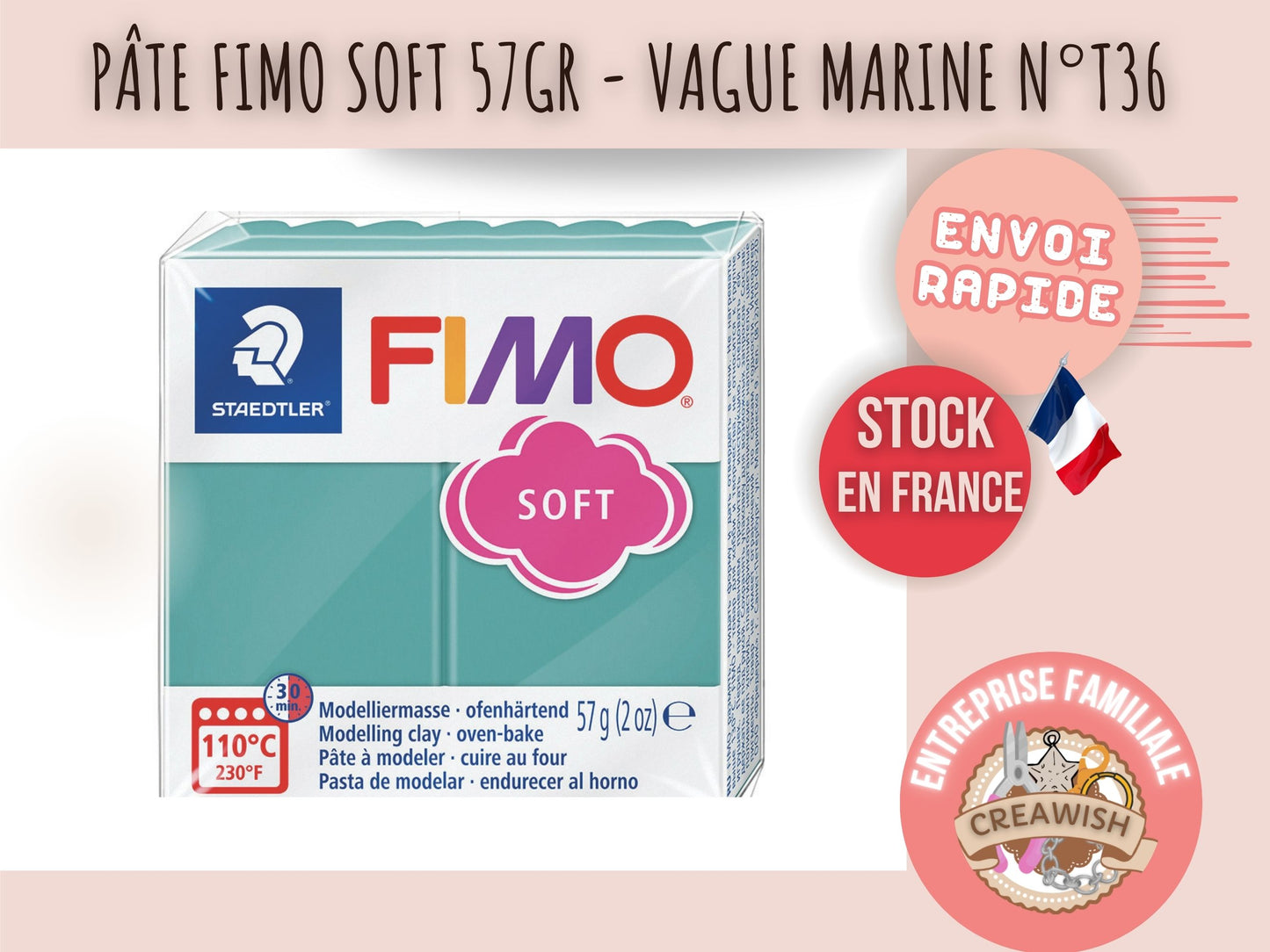 Pâte Fimo Soft 57g – Vague marine n°T36