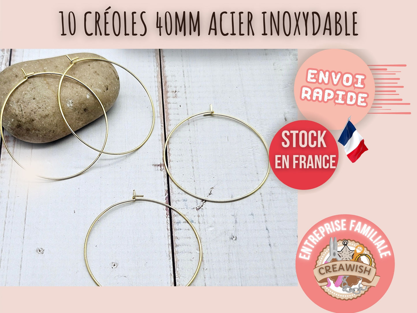 10 créoles rondes 40mm acier inoxydable dorées