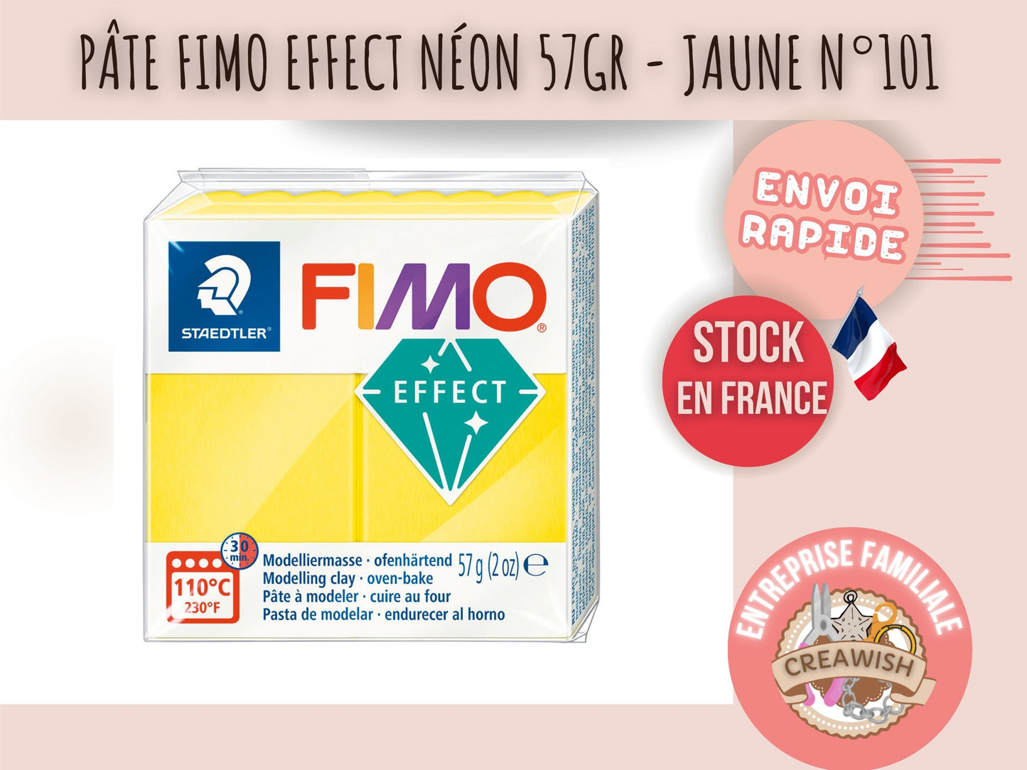Pâte Fimo Effect néon 57g – Jaune n°101
