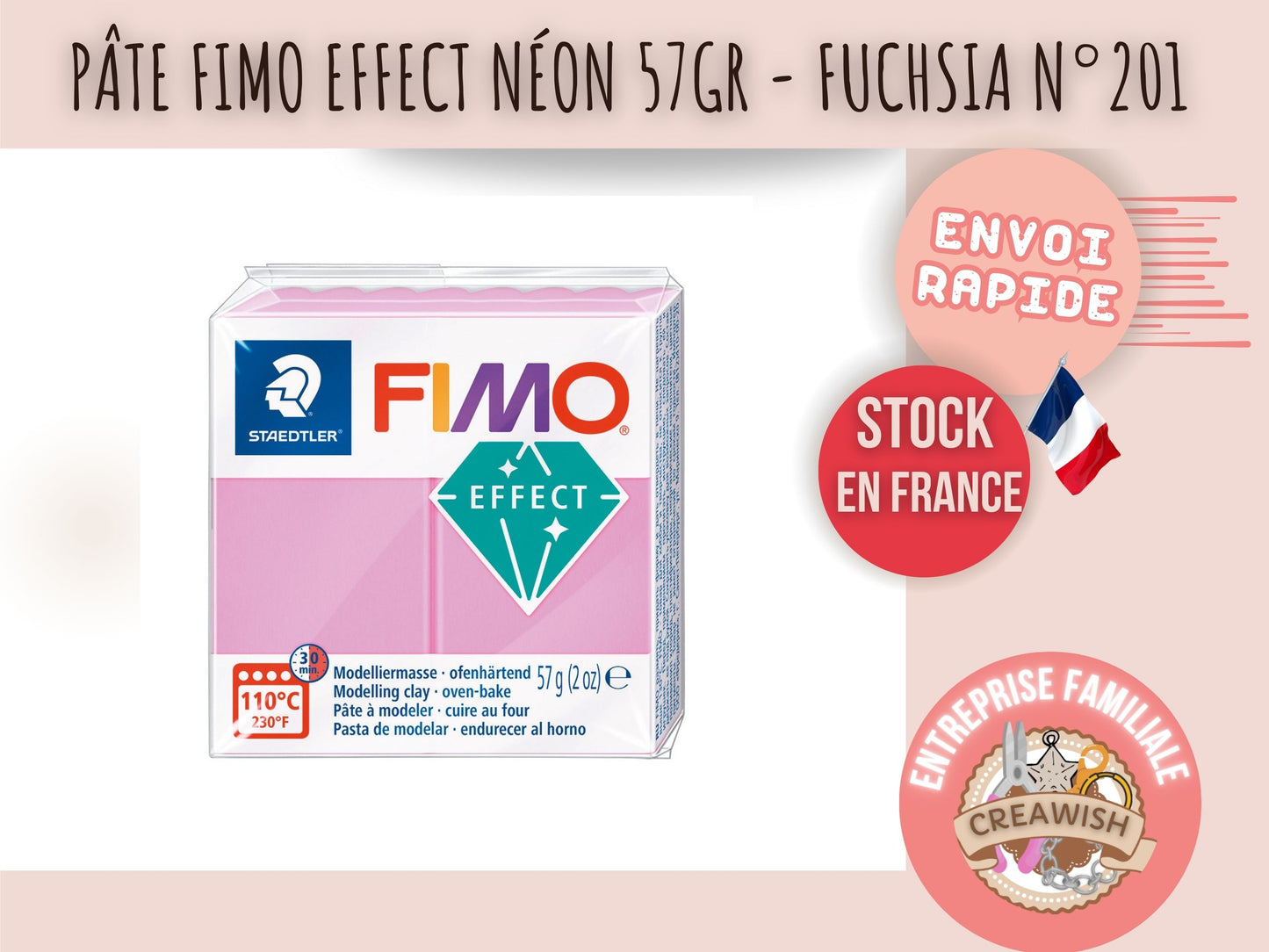 Pâte Fimo Effect néon 57g – Fuchsia n°201