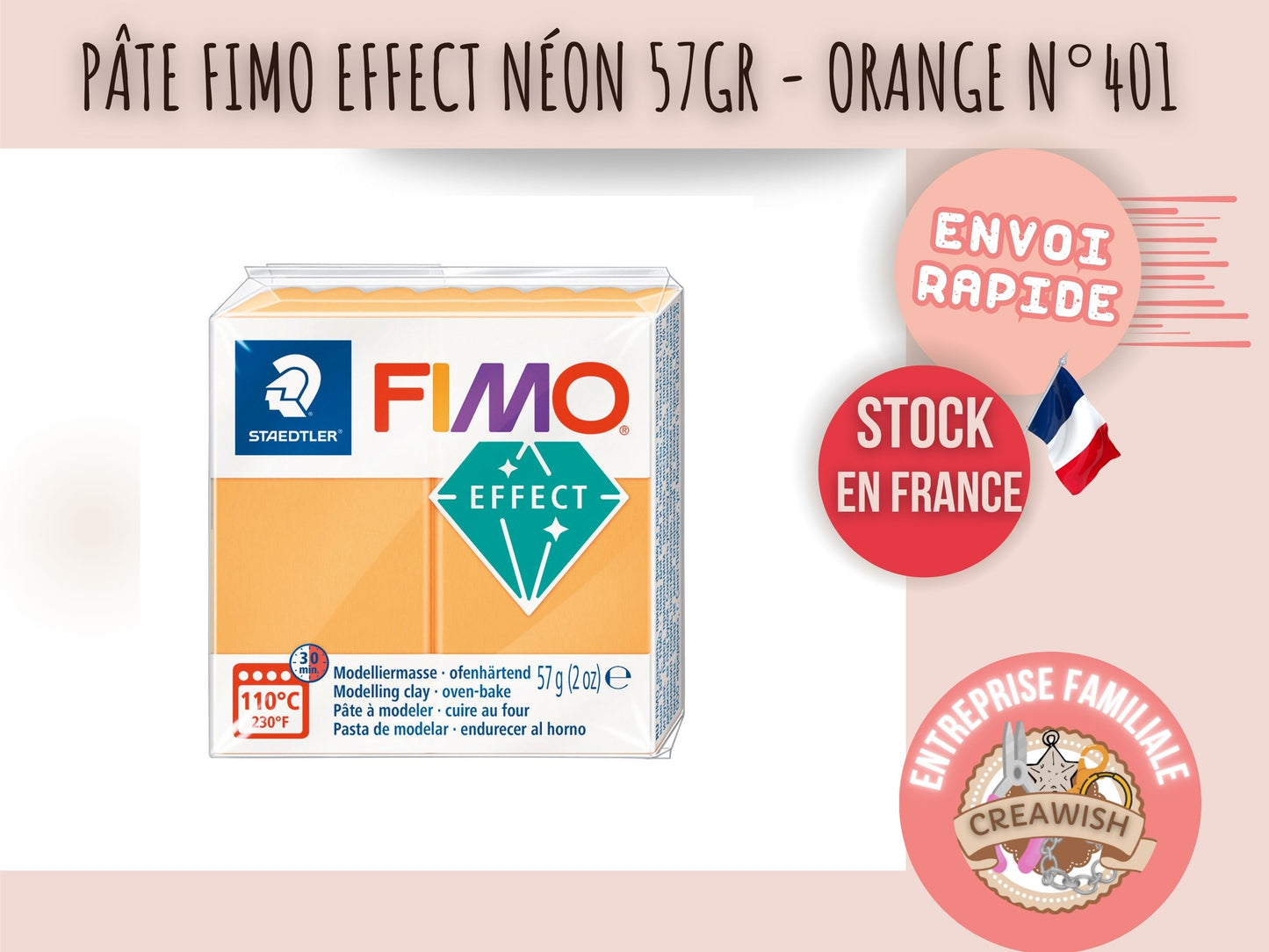 Pâte Fimo Effect néon 57g – Orange n°401