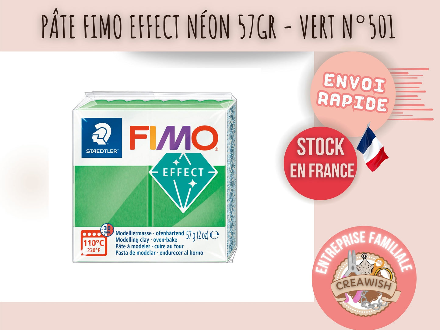 Pâte Fimo Effect néon 57g – Vert n°501