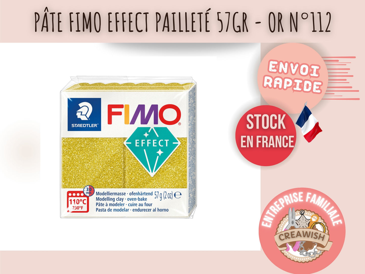 Pâte Fimo Effect pailleté 57g – Or n°112