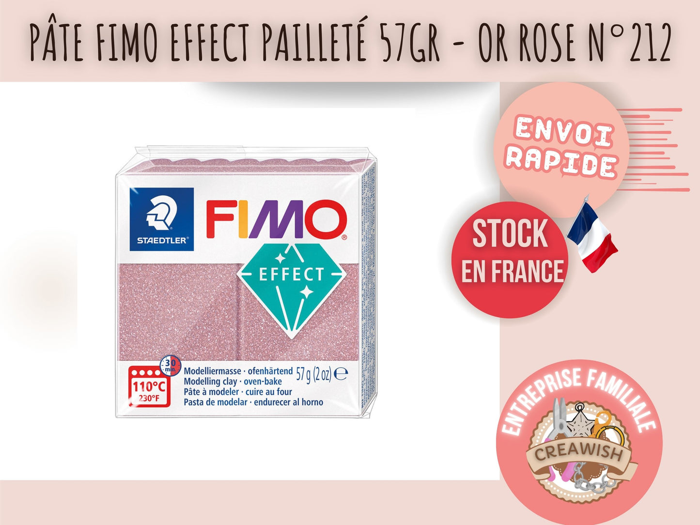 Pâte Fimo Effect pailleté 57g – Or rose n°212