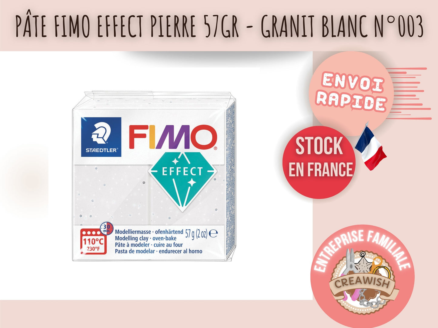 Pâte Fimo Effect pierre 57g – Granit blanc n°003