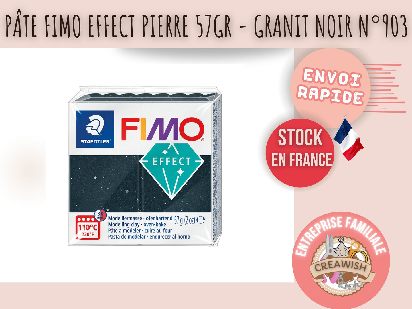 Pâte Fimo Effect pierre 57g – Granit noir n°903