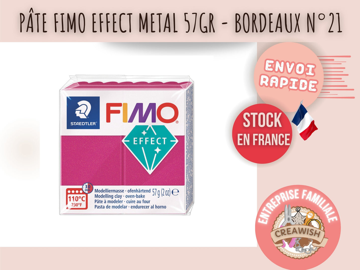Pâte Fimo Effect métal 57g – Bordeaux n°21