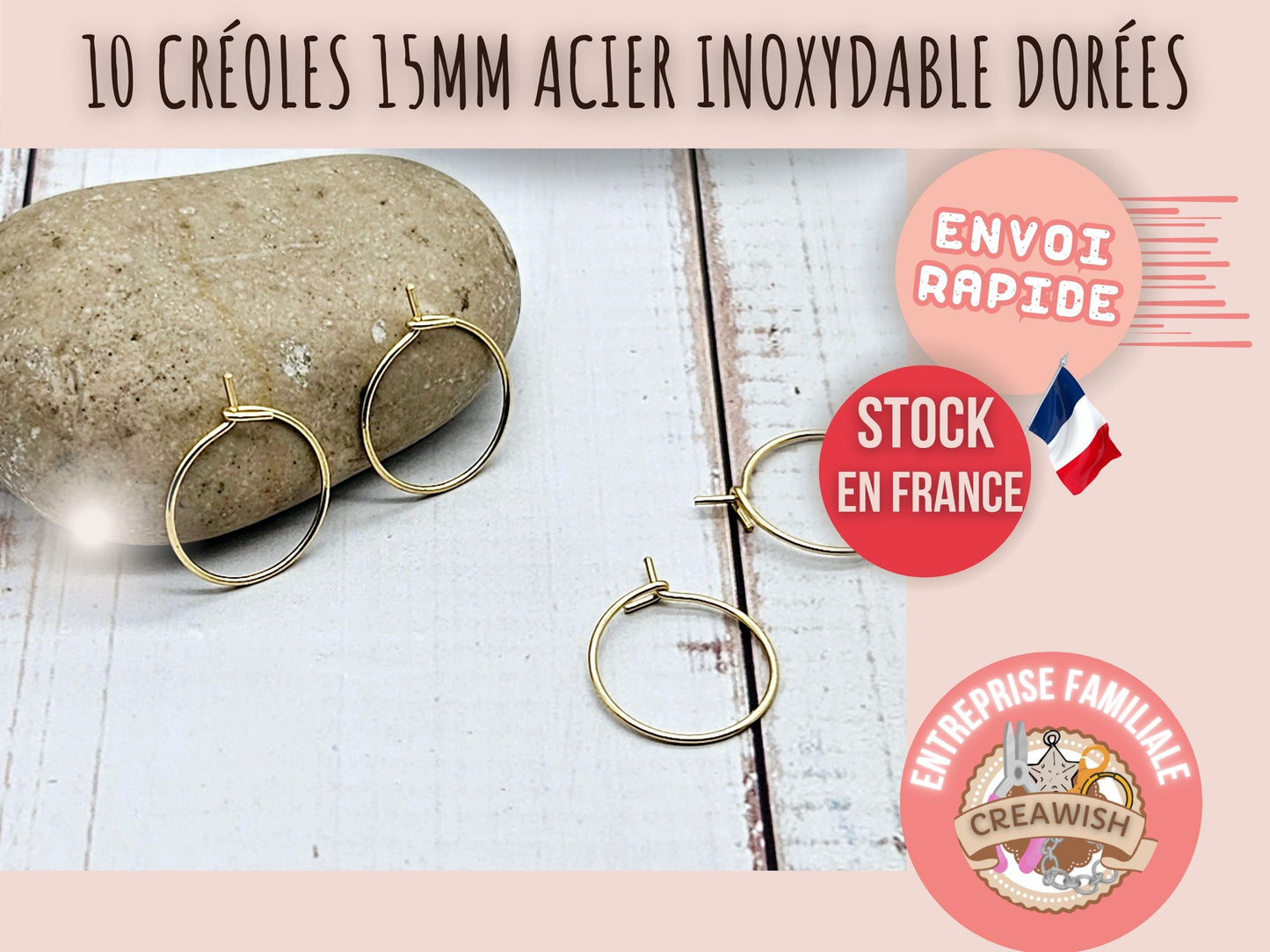 10 créoles rondes 15mm acier inoxydable dorées