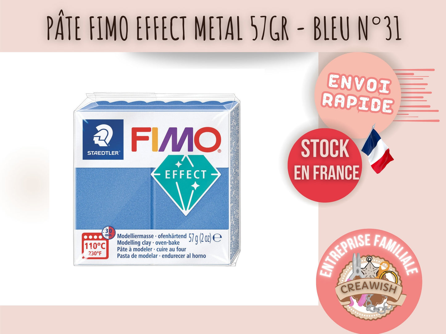 Pâte Fimo Effect métal 57g – Bleu n°31