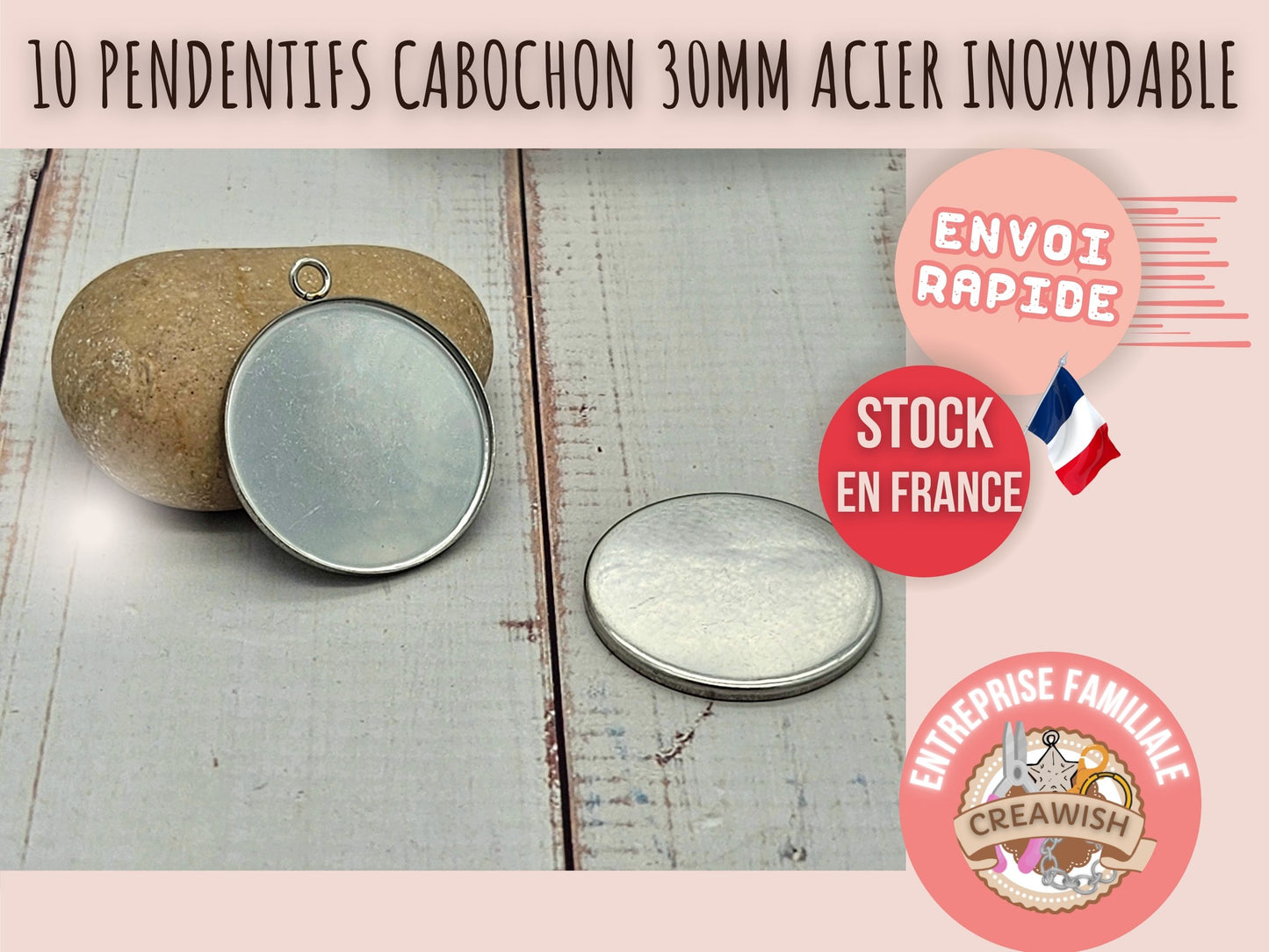 10 Pendentifs Plateau Cabochon 30 mm – Acier Inoxydable