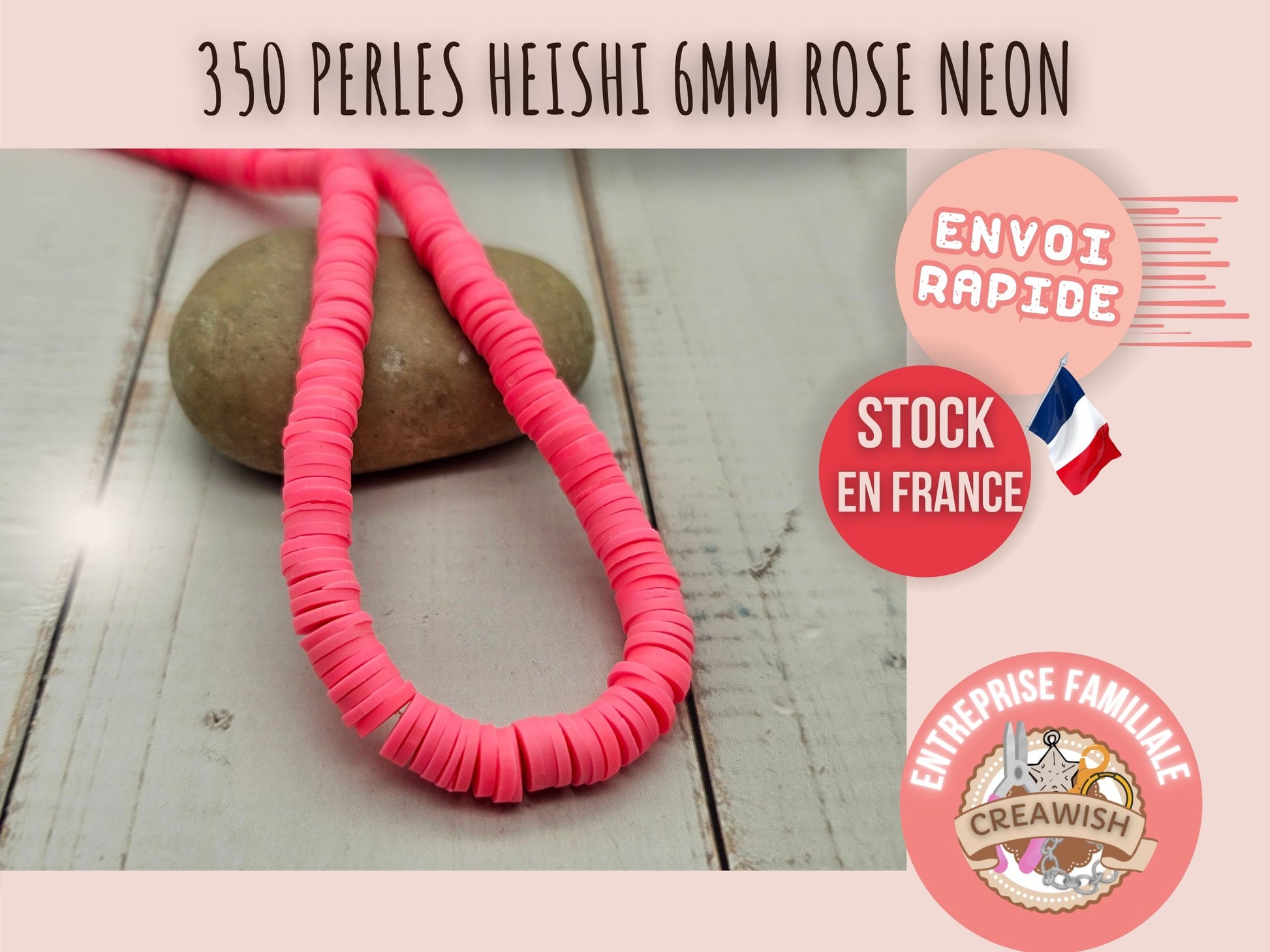 350 perles heishi rose néon 6mm