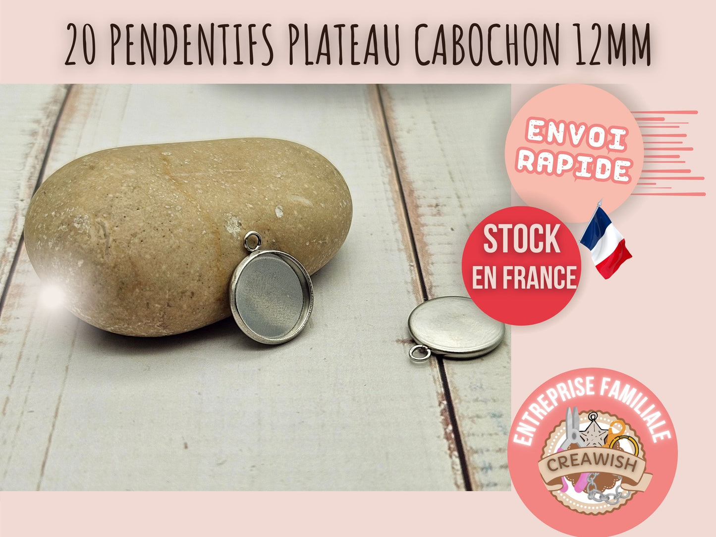 20 pendentifs plateau cabochon 12mm acier inoxydable