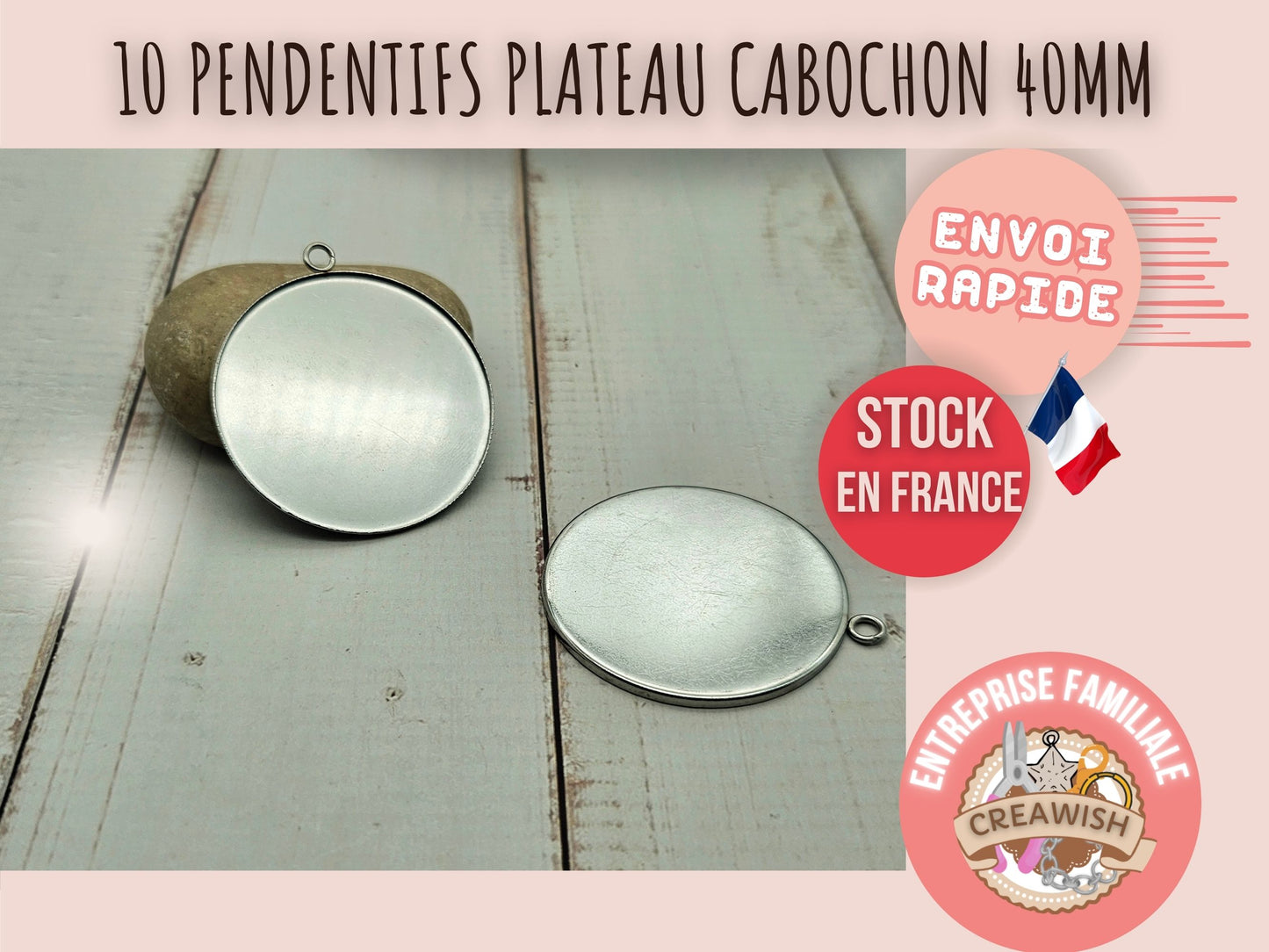 10 pendentifs plateau cabochon 40mm acier inoxydable