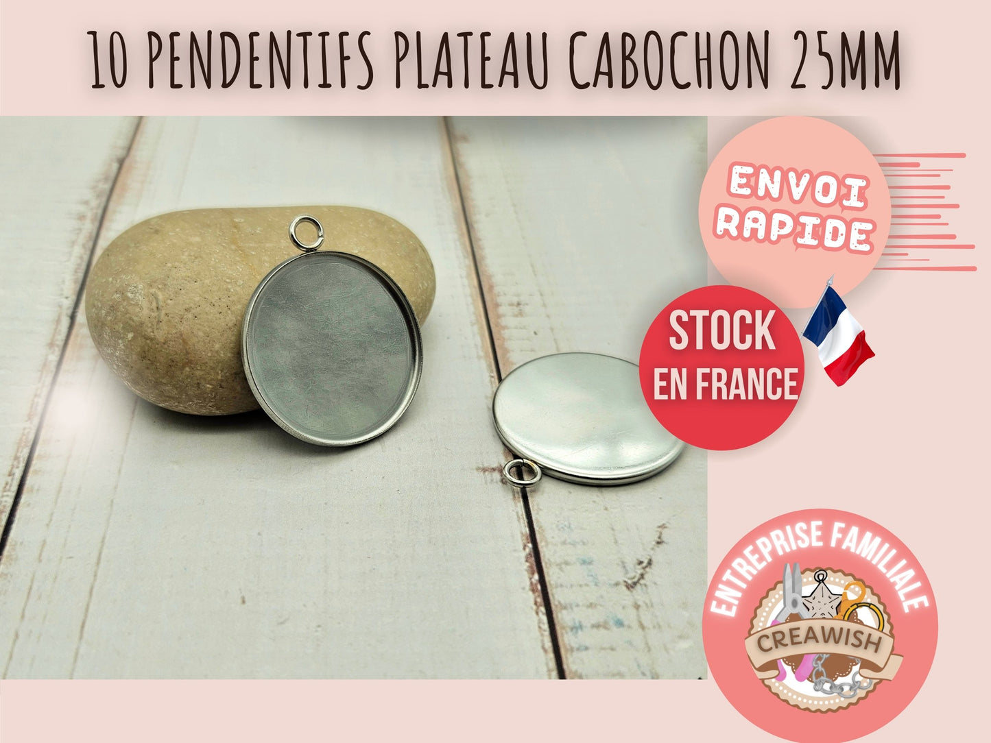 10 pendentifs plateau cabochon 25mm en acier inoxydable