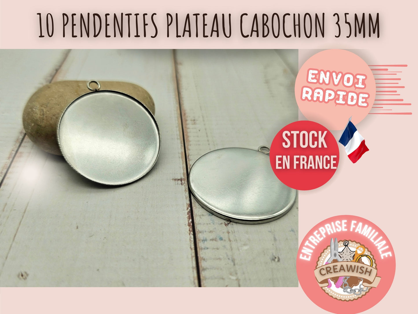 10 pendentifs plateau cabochon 35mm en acier inoxydable