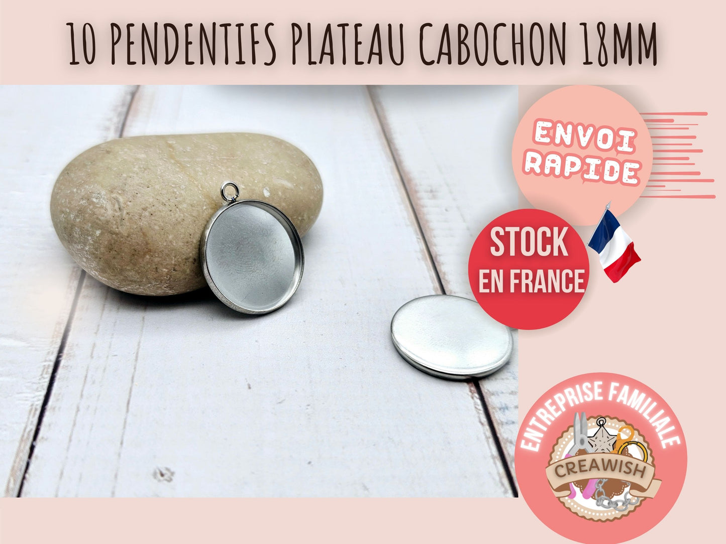 10 pendentifs plateau cabochon 18mm en acier inoxydable
