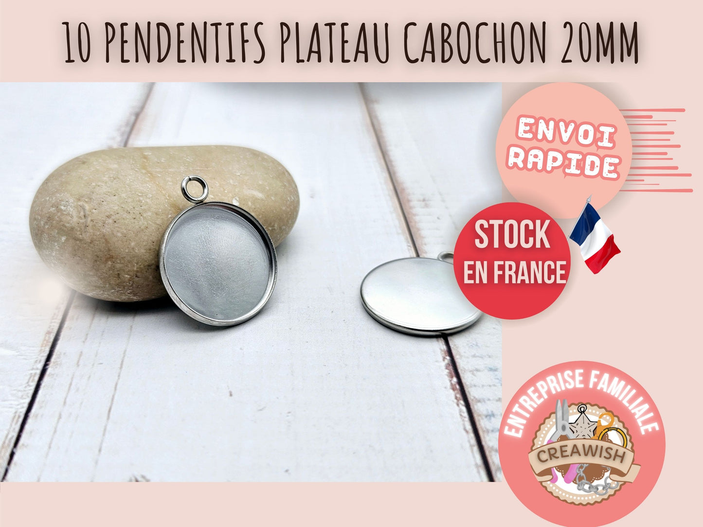 10 pendentifs plateau cabochon 20mm en acier inoxydable