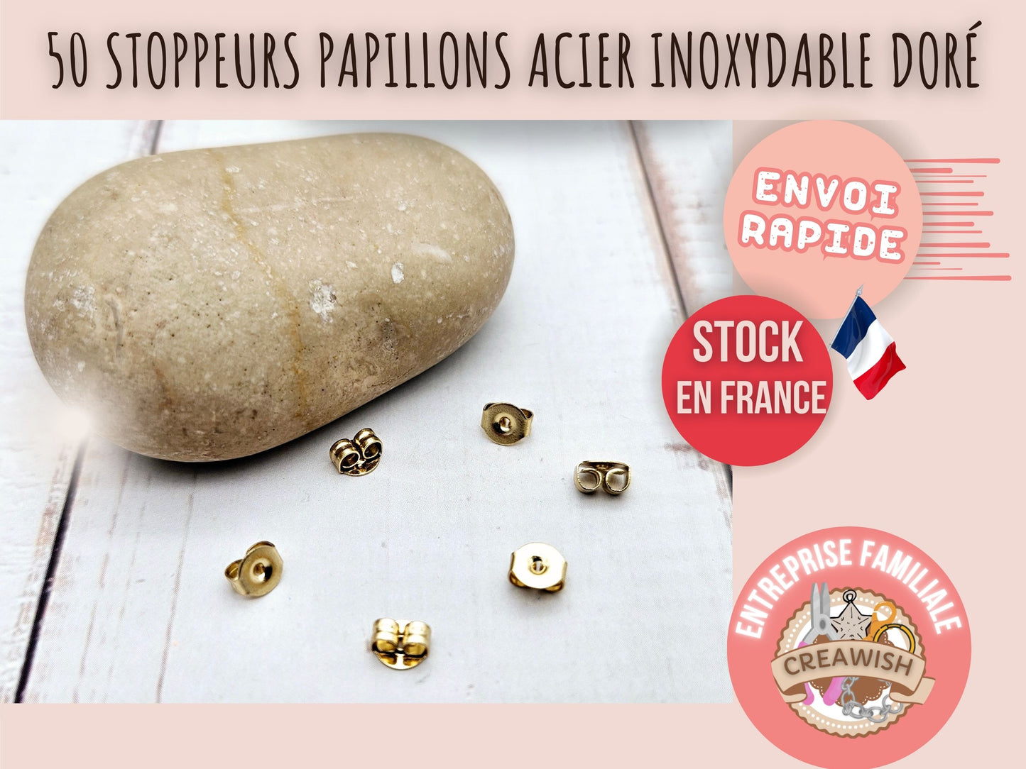 50 bouchons stoppeurs papillons acier inoxydable doré pour boucles d'oreilles