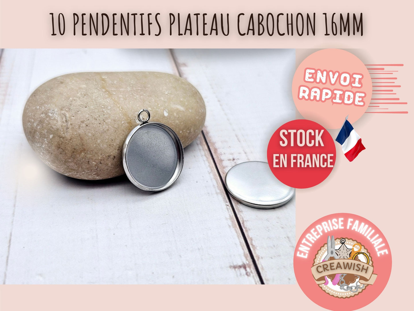10 pendentifs plateau cabochon 16mm en acier inoxydable