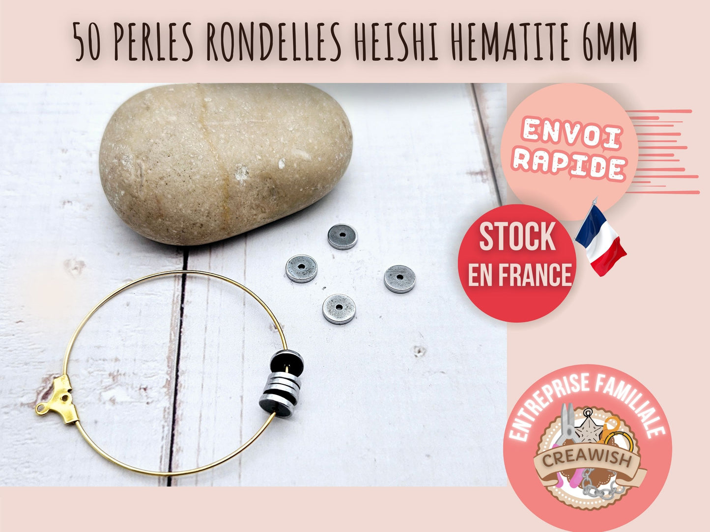 50 perles heishi plates hématite 6mm finition platine