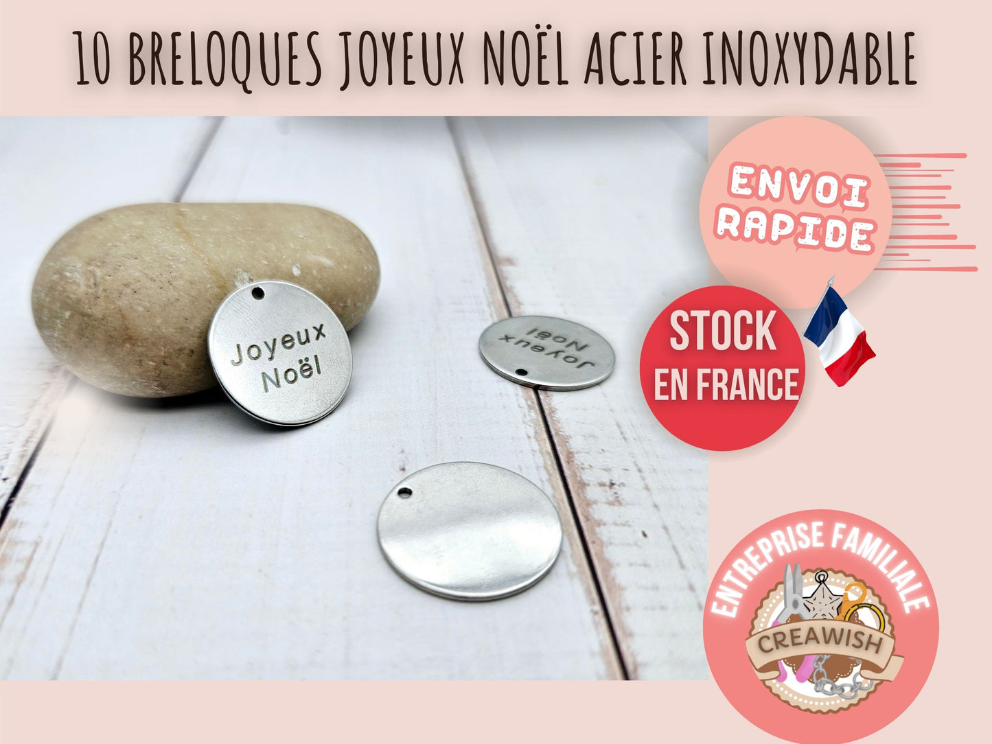 10 breloques Joyeux Noël rondes 2cm acier inoxydable
