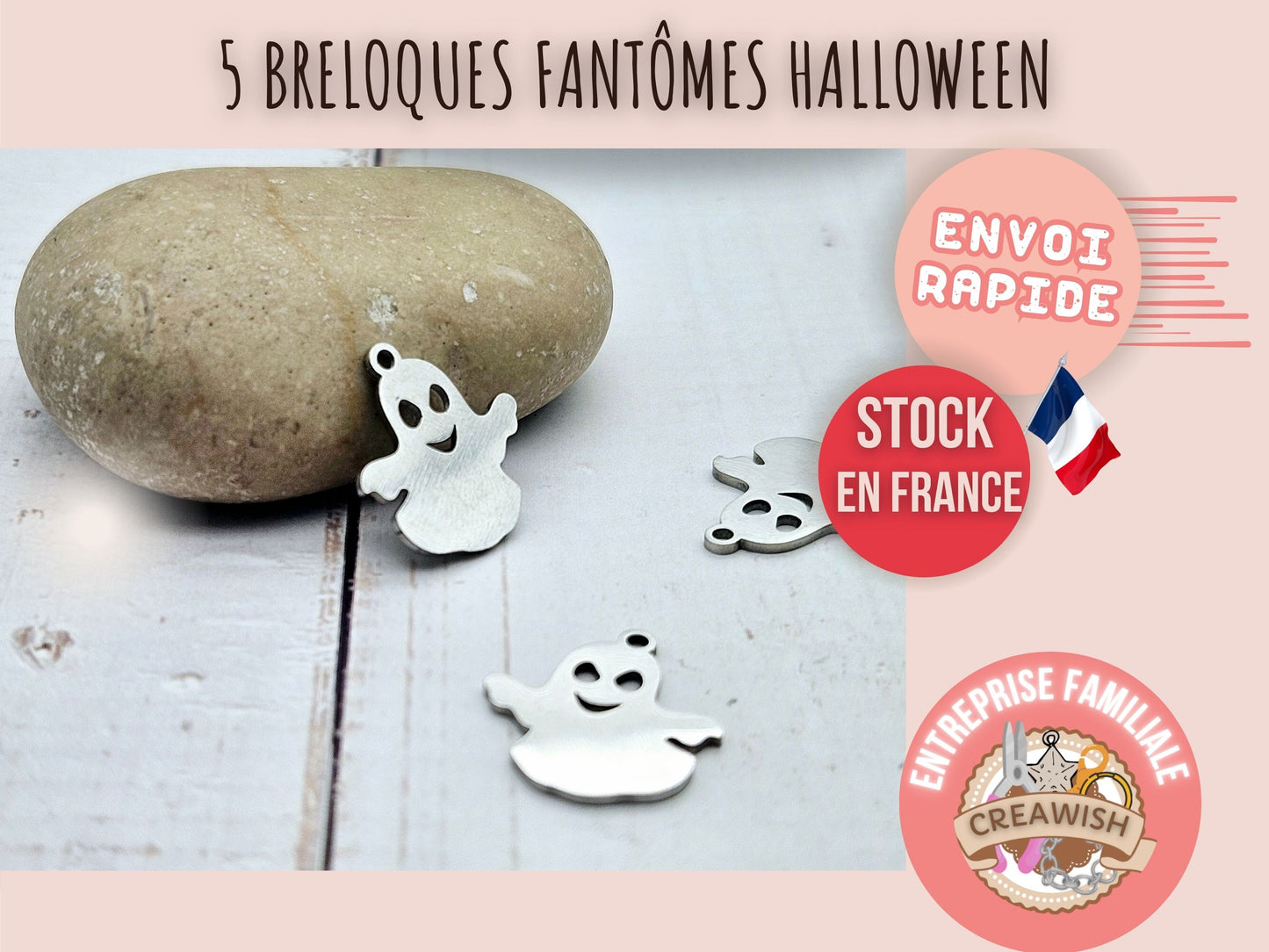 5 breloques fantôme halloween acier inoxydable