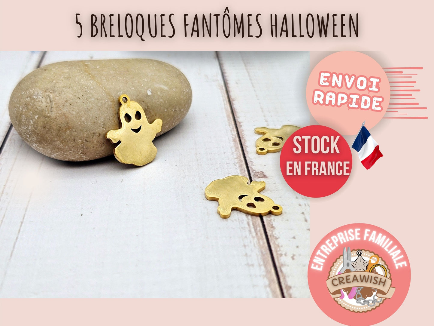 5 breloques fantôme halloween acier inoxydable doré