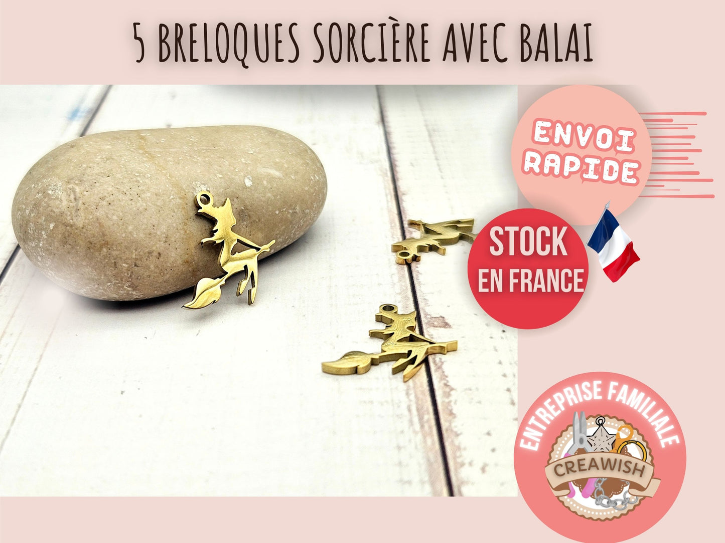 5 breloques sorcière sur balai halloween acier inoxydable doré