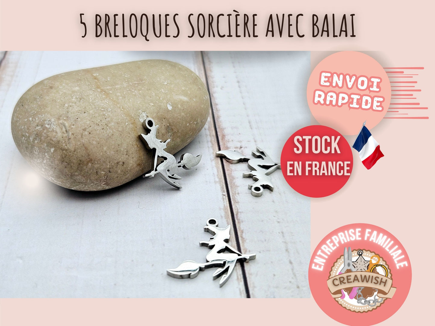 5 breloques sorcière sur balai halloween acier inoxydable