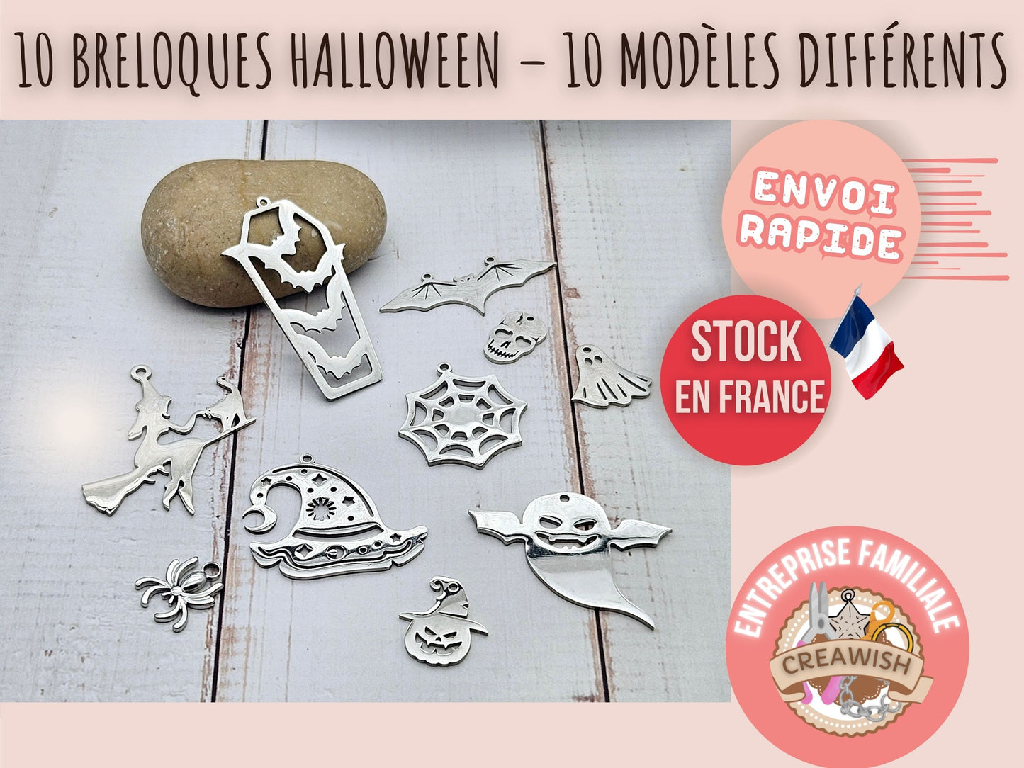 10 Breloques Halloween en Acier Inoxydable – 10 Modèles Différents