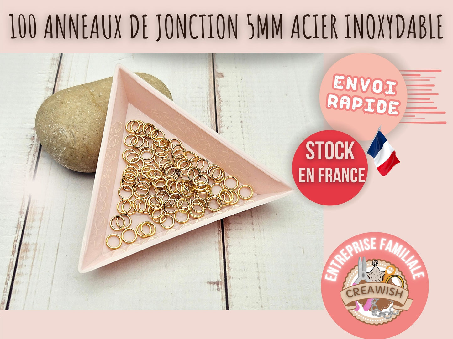 100 anneaux de jonction 5mm acier inoxydable doré